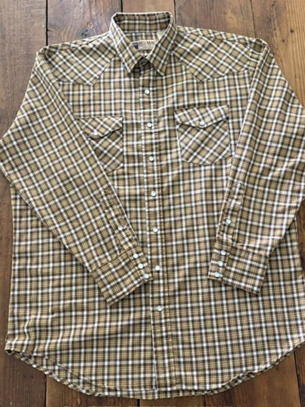 Big Mac Vintage Western Shirt Mens XLT Brown/Mustard Plaid Pearl Snap MadeinUSA